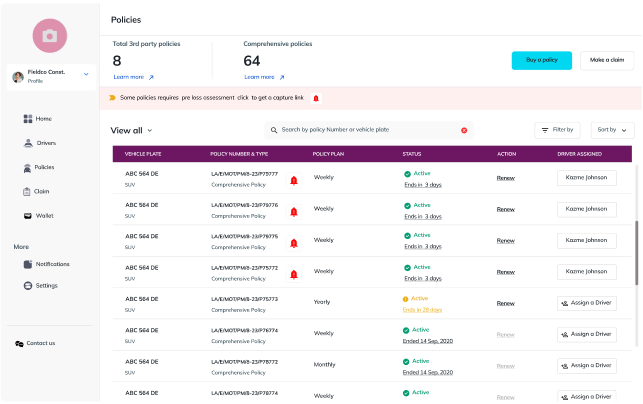Dashboard for Managing Fleet Car Insurance with ETAP
